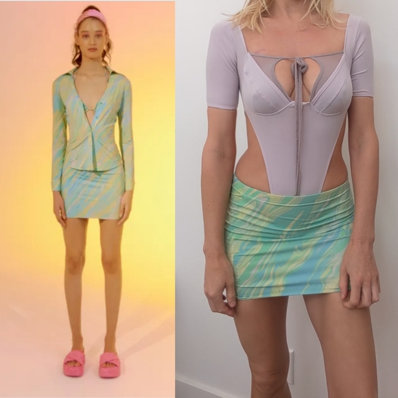 Nwt DAZE DAYZ ssense lime swirl geo micro mini skirt S - Picture 4 of 8